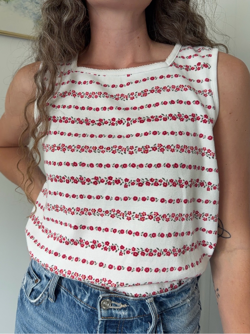 Vintage Basic Editions White Tank Top with Red Floral Stripes